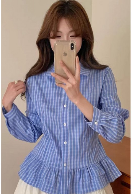 해피유통2025蓝여성 봄여름 스트라이프 셔츠 러플 디자인 긴팔 루즈핏K03