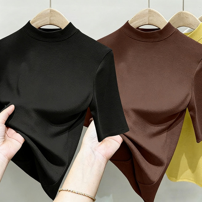 MOSAIRATION 2장묶음 여성 반하이넥 골지 슬림핏 5부소매 베이직 이너 티셔츠 K002608