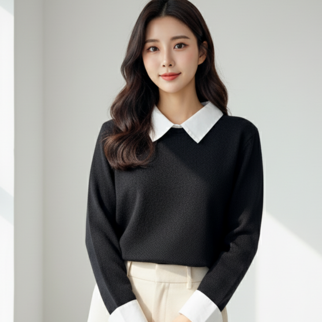 누보마켓 여성 셔츠카라 니트 긴팔 레이어드 오피스룩 가을 겨울 데일리