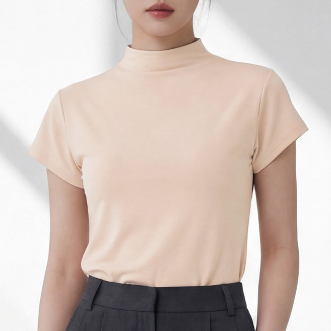 라뷰드 여성 찰랑 반목 반팔 티셔츠 여자 봄가을 여름 데일리 슬림핏 목티 캐주얼 하프 터틀넥 솔리드 폴라티