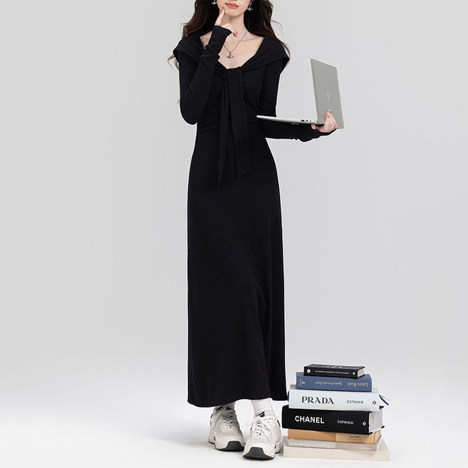 여성 봄가을 허리 조임 긴팔 원피스 데일리 심플 패션 힙업 롱 스커트 슬림소녀