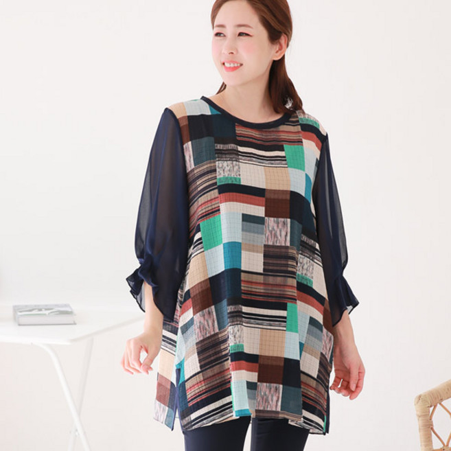 국민할매 by 귀욤할매 엄마옷 루즈 쉬폰 프레임 사각 블라우스[PN314]