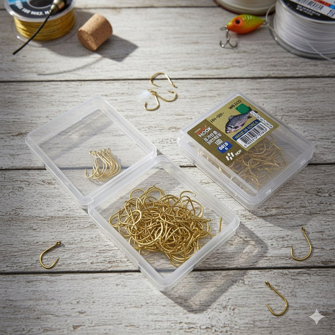 국내산 무미늘바늘 붕어바늘 100P 100개 해동 경기전용 무미늘침 금색 케이스포함, 1세트, 100개입