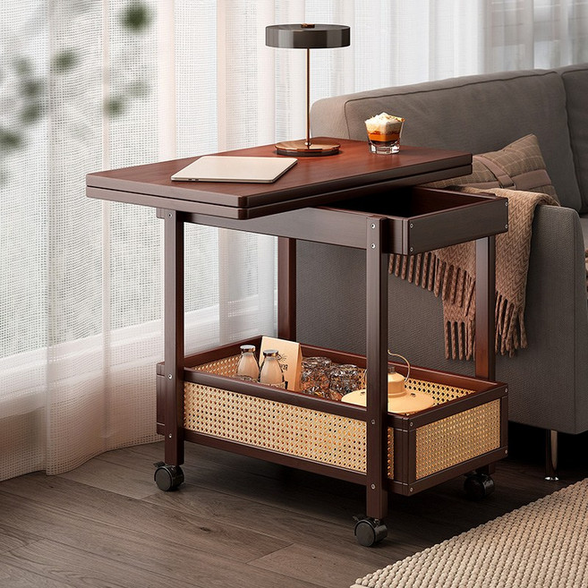 SeekFun 사이드 테이불 이동식 접이식 상판 연장 회전 가능 다용도 식탁, 월넛색