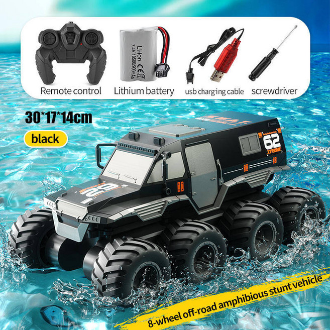 rc카 JJRC Q137 8x8 2.4G 원격 제어 자동차 8wd 오프로드 수륙 양용 스턴트 차량 8 륜 속도 레이싱 트럭 방수 크롤러 완구, 02) Q137 Black 1B, 1개