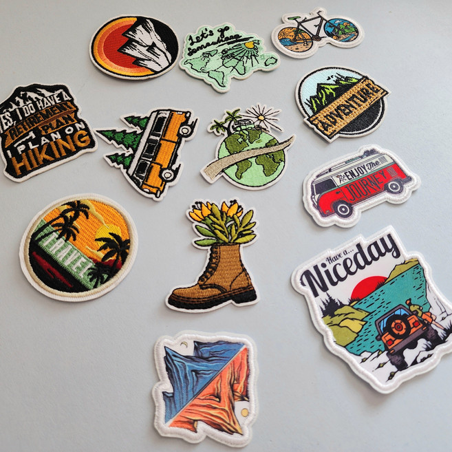 캠핑 자수 라벨 12종 세트 와펜 열접착 패치 빈티지 리폼 diy