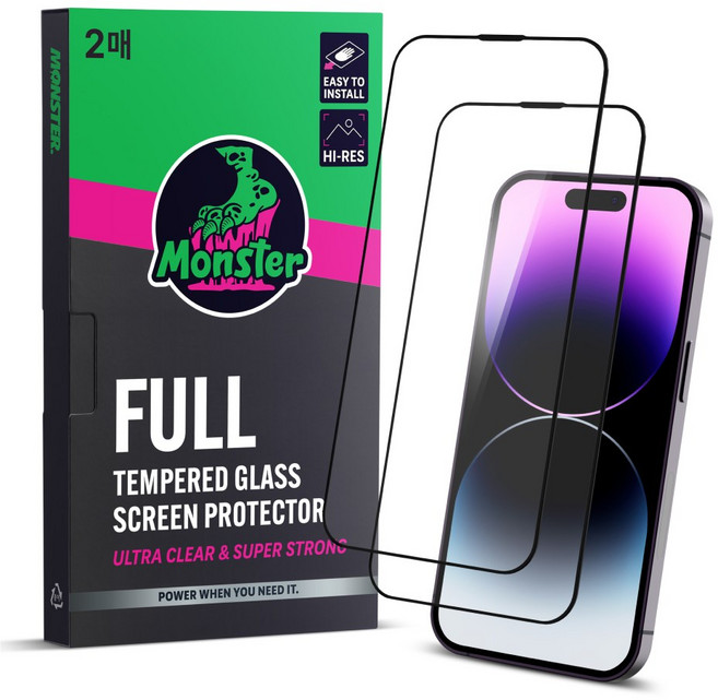 몬스터 고화질 슈퍼강력 투명 강화유리 휴대폰 액정보호필름 2p + 똥손탈출 부착틀, 1세트