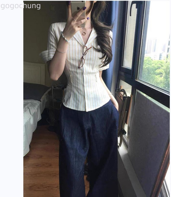 韓系條紋西裝領短袖襯衫
