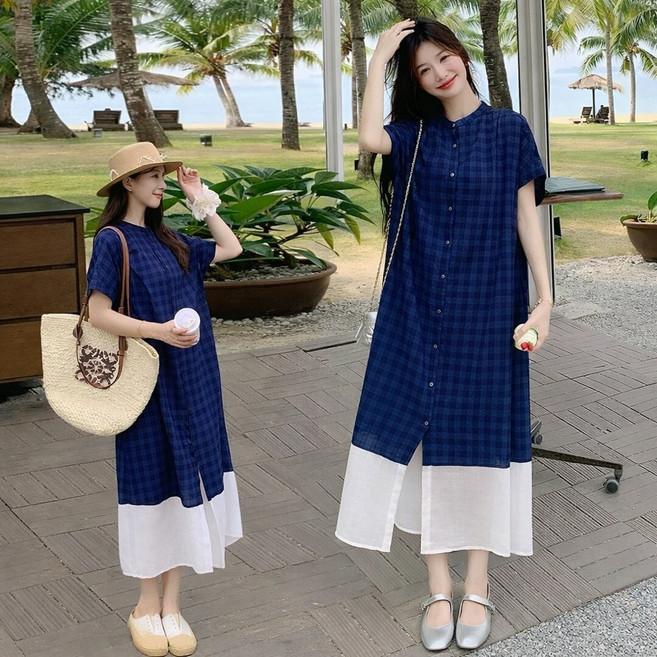 【梨卡】隔日到貨 女裝 洋裝 長裙 連身長裙 格紋拼接 撞色連身裙 藍色洋裝 顯瘦長裙 夏天洋裝HZ031, 如圖色