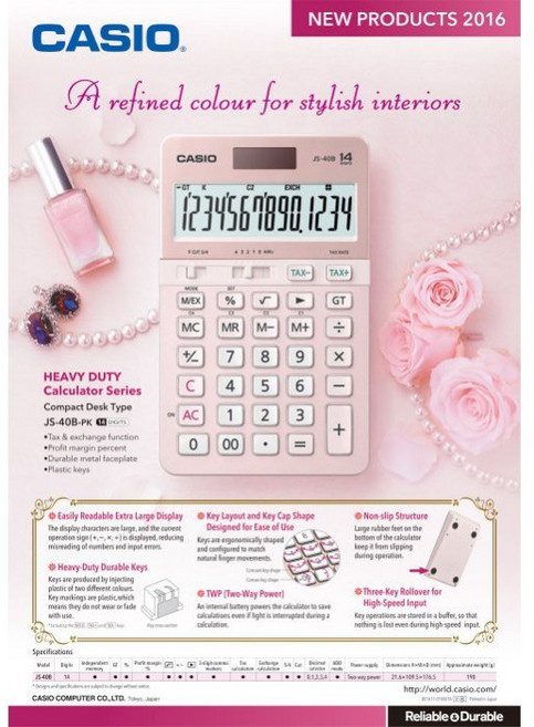 CASIO 卡西歐 14位數 專業型桌上型計算機 JS-40B, 粉紅色, 1個