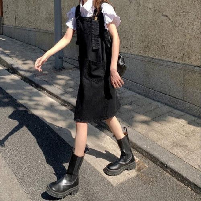 複古牛仔連衣裙 女 夏 新款 設計感 撞色 顯瘦 休閒 高腰 polo裙子, 23黑色 高質量收藏關注店鋪優先發貨,M（建議95-105斤）