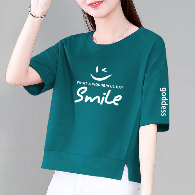 여성용 여름 루즈핏 오버사이즈 레터링 프린팅 반팔 크롭 라운드넥 티셔츠