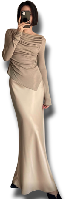 여성 새틴 머메이드 롱스커트 고광택 밴딩 실크 롱치마 아비토브랜드