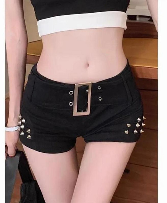 黑色學生低腰鉚釘彈力緊身熱褲女春夏外穿牛仔短褲