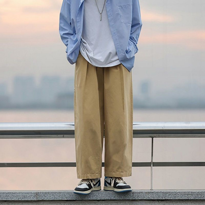 春秋日系寬鬆休閒工裝褲 男女款韓版潮流直筒闊腿九分褲