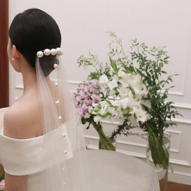 FANSYLI 진주 신부 베일 롱 망사 웨딩드레스 헤어 액세서리 빈티지 웨딩 셀프 웨딩 소품 W2502F24