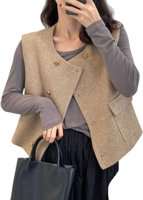 Makone 여성 가을 겨울 라운드넥 오피스 정장 트위드 민소매 조끼