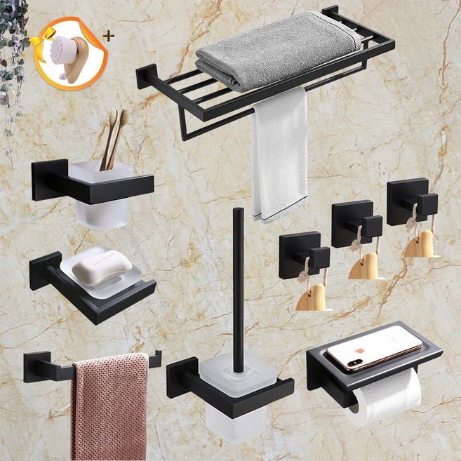 욕실 스텐 액세서리 세트 욕실선반 욕실 악세사리 9종 세트 포함하여 수건걸이 60cm /칫솔꽂이 /비누받침 /휴지걸이 /변기솔거치대 /후크걸이 타공, 블랙, 1개
