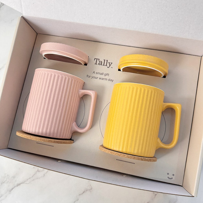 국산 레트로 머그컵 2종 세트 집들이선물, 1개, 핑크 옐로우 세트(컵받침 포함)