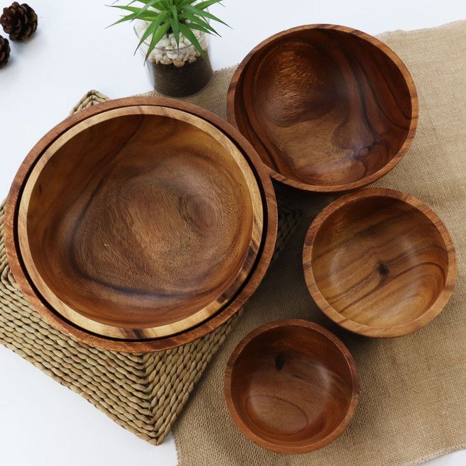 D 아카시아 원형 볼 1호 130 AA 나무 그릇 샐러드 절밥, 1개