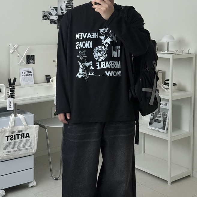 르위 남자 긴팔티셔츠 라운드 프린팅 빅사이즈 레이어드