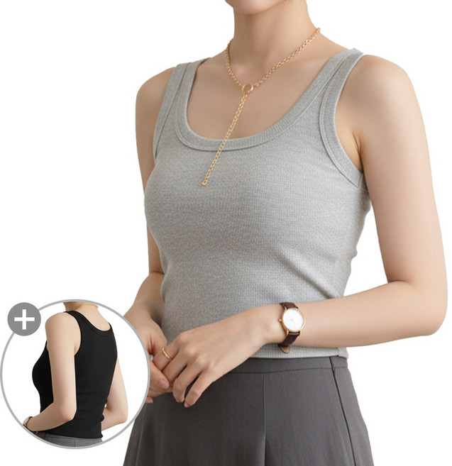 라뷰드 2개 세트 캡내장 브라탑 나시 브라 내장 패드 일체형 무지 민소매 노와이어 노라인 슬림핏 캡나시 뒷밴딩 없는 캐미솔 심리스 이너