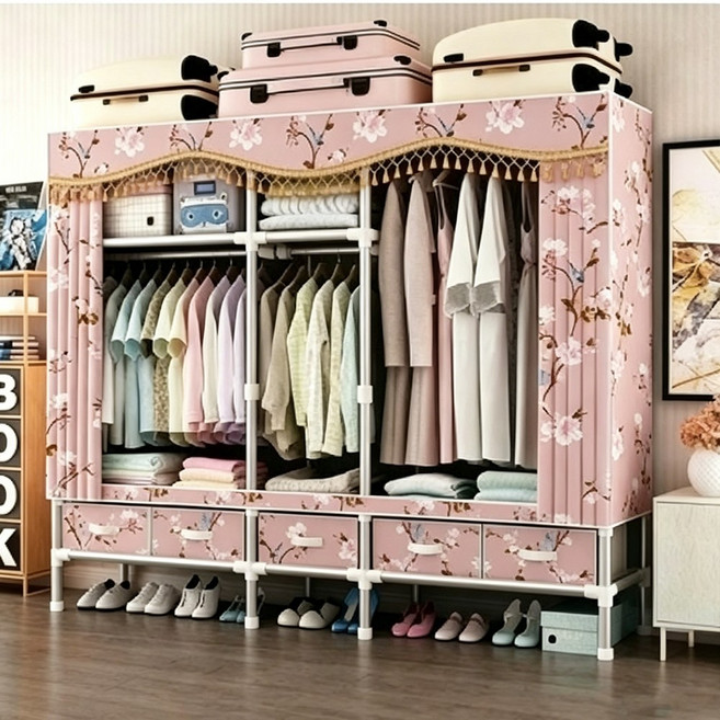 簡易衣櫃 含附抽屜 耐重衣櫃 布衣櫃 學生宿舍衣櫃 出租房衣櫃, 管徑25長200cm春暖花開【五個抽屜】, 粉色