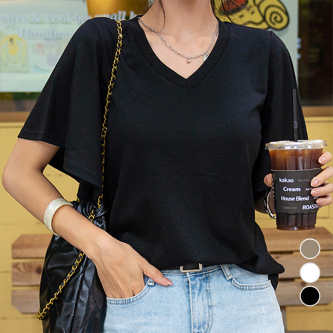[나크21] (55~120) 플레어 소매 브이넥 티셔츠 여성 빅사이즈 체형커버 KO32-T-19