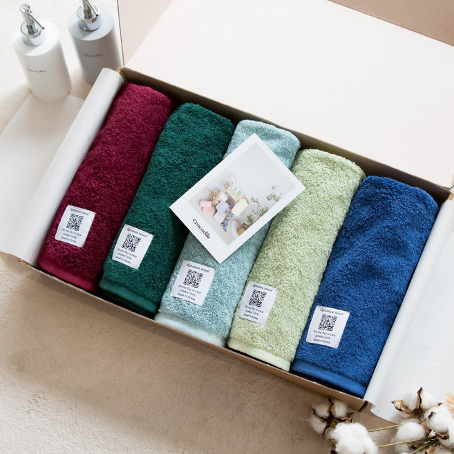 크로커다일 오코텍스 인증을 받은 팔레트 호텔수건 5장 선물세트 220g 코마사 40수, 메론+브로콜리+피스타치오+블루베리+체리콕, 1세트