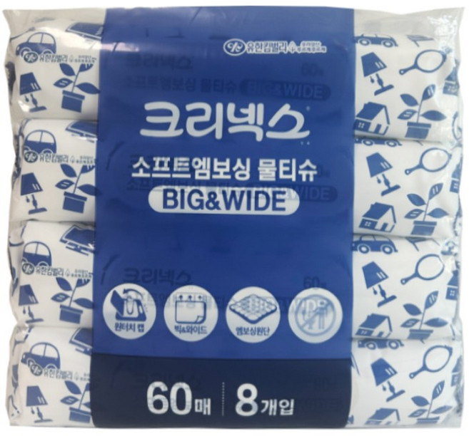 크리넥스 큼직한 소프트엠보싱 안심물티슈, 60매, 8개