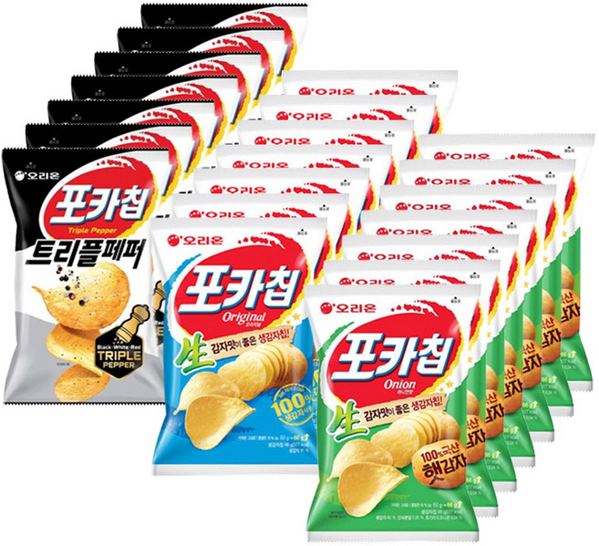 오리온 포카칩 3종 오리지널 66g+어니언 66g+페퍼 60g 7개씩 (총 21개), 12개