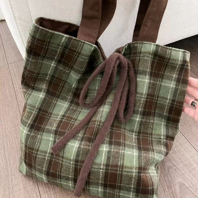 YUMDE 여성 모직 체크 에코백 토트백 숄더백