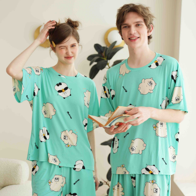 [물렁즈] 반팔 홈웨어 커플잠옷 상하세트 남녀공용 파자마 빅사이즈