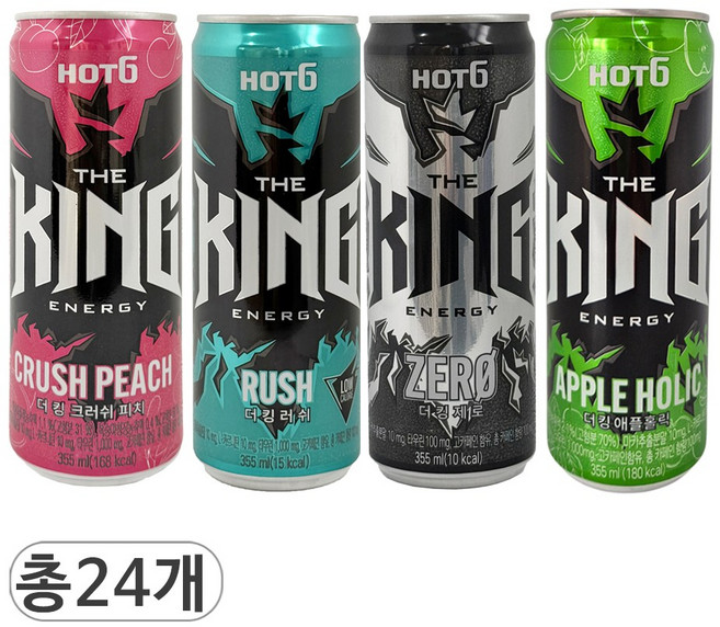 핫식스 더킹 크러쉬피치 & 러쉬 & 제로 & 애플홀릭 4가지맛 혼합 에너지드링크, 24개입, 355ml