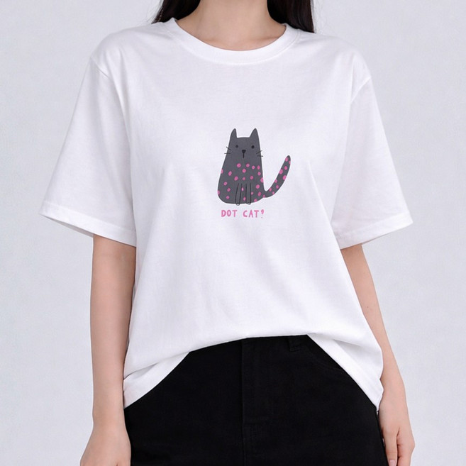 도트 냥 캐쥬얼 루즈핏 라운드 반팔 티셔츠