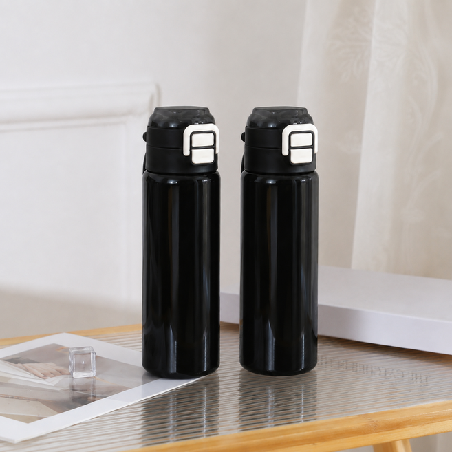 스텐 원터치 빨대 텀블러 500ml 보온보냉 휴대용 물병, 2개, 블랙