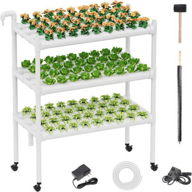 SPECILITE 수경 재배 시스템 (바퀴 장착) 3단 108개 공간 식품 등급 PVC-U 파이프 잎채소·상추·허브용 가드닝 키트 워터 펌프 포함 실내외 사용 가능, 3 Tiers/108 Plant Sites, White