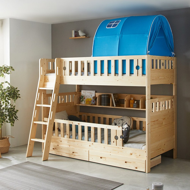 파로마 블랑 원목 분리형 이층침대 경사형 서랍 텐트_메모리폼매트리스 포함, 내추럴