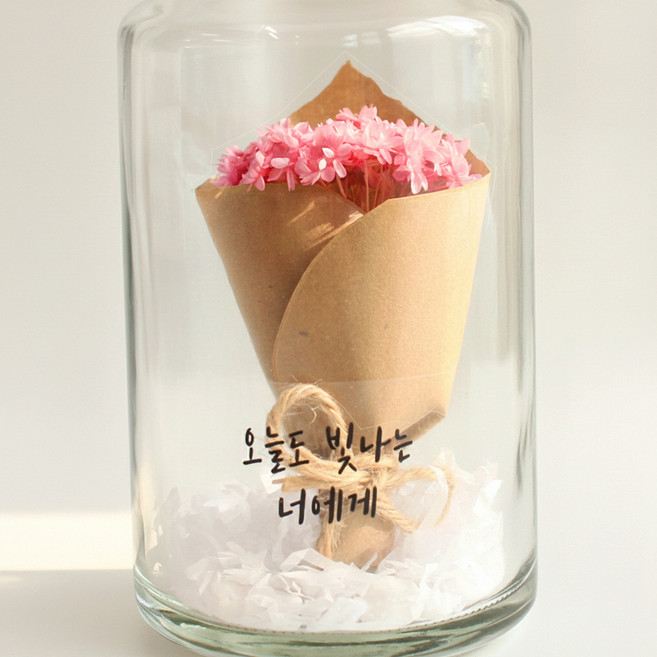 프리저브드 스타플라워 미니꽃다발 레터링 유리병 + 무드등 선물, 01. 스타플라워(핑크)+무드등, 문구 20자
