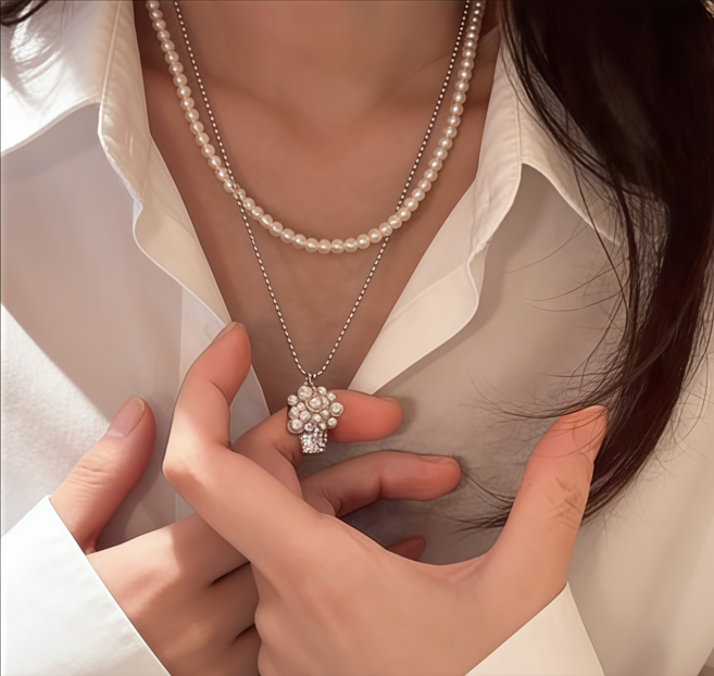 여성 데일리 이중 목걸이 빈티지 진주 꽃 목걸이 웨딩 선물용 액세서리