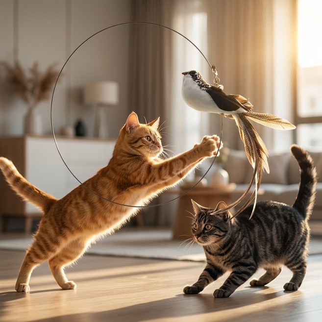 스마일플로우 진짜같은 새 고양이 최애 풀세트 튼튼 고정 낚시대 장난감, 1세트, 블랙화이트 새