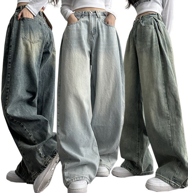 여성 기장수선NO![숏 롱/S~XL] 힙무드 벌룬핏 사이드 절개라인 와이드핏 워싱 데님팬츠 세미와이드 청바지 5color 67번