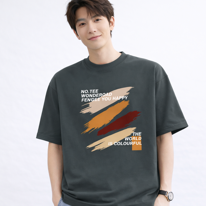 헤비코튼 프린팅 반팔 티셔츠 남성 와이드핏 라운드넥 반소매 티