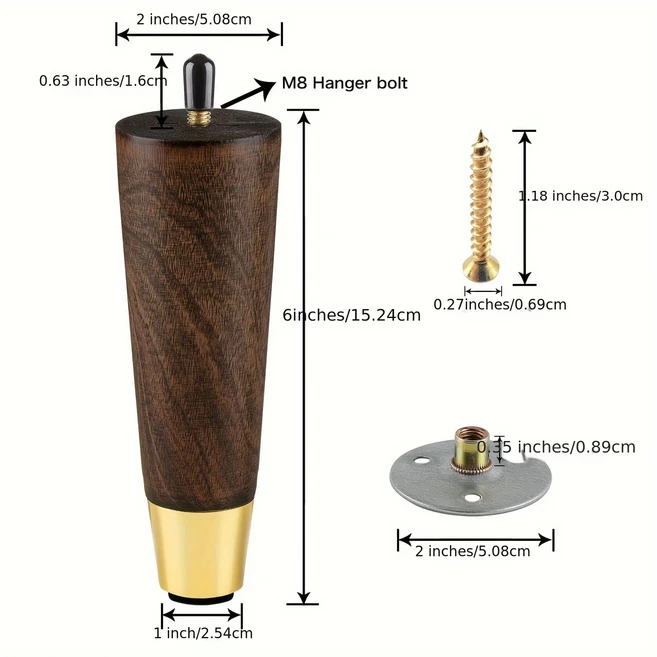 목재 가구 다리 소파 4 인치 갈색 라운드 테이퍼형 세기 중반 현대식 피트(황동 베이스 포함) 캐비닛용 교