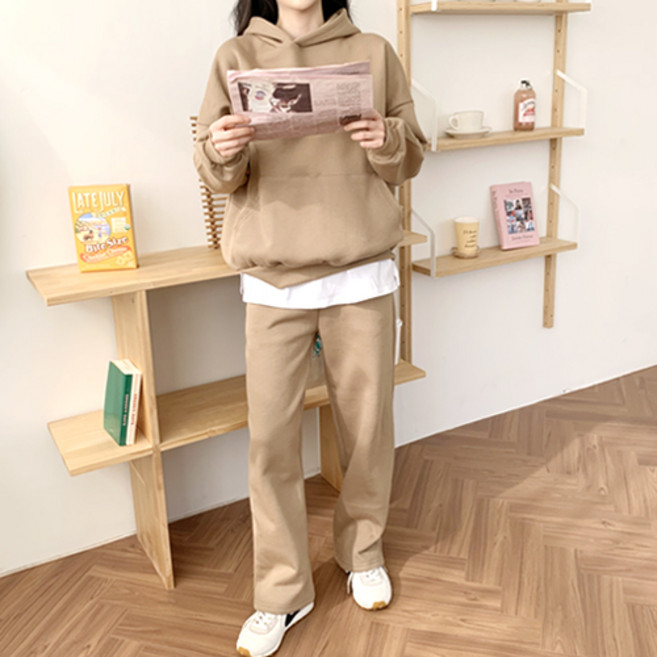 잘빠진 여성용 코코 기모 루즈핏 후드 + 팬츠 세트