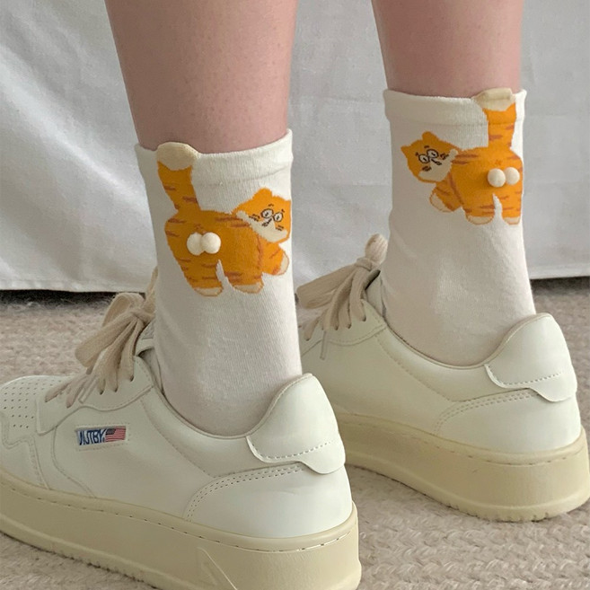 Guokr Store 여성 고양이 패턴 중목양말 귀여운 캐주얼 3켤레 세트 사이즈 23-25cm