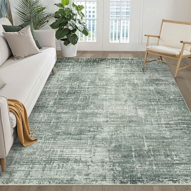 5x7 Area Rugs Living Room: Washable Large Neutral Rug Abstract Soft Modern Stain Resistant Indoor, Wild Dark Green