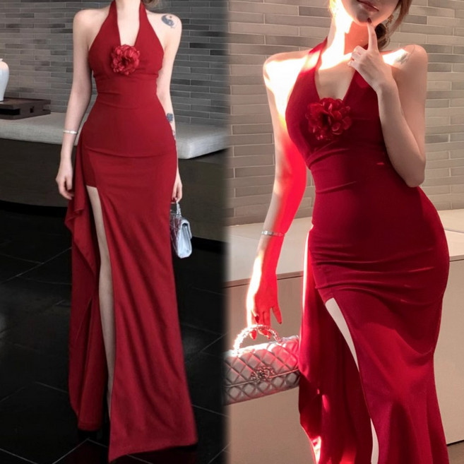 Akimu 여성원피스 홀터넥 슬림핏 원피스 트임 휴양지룩