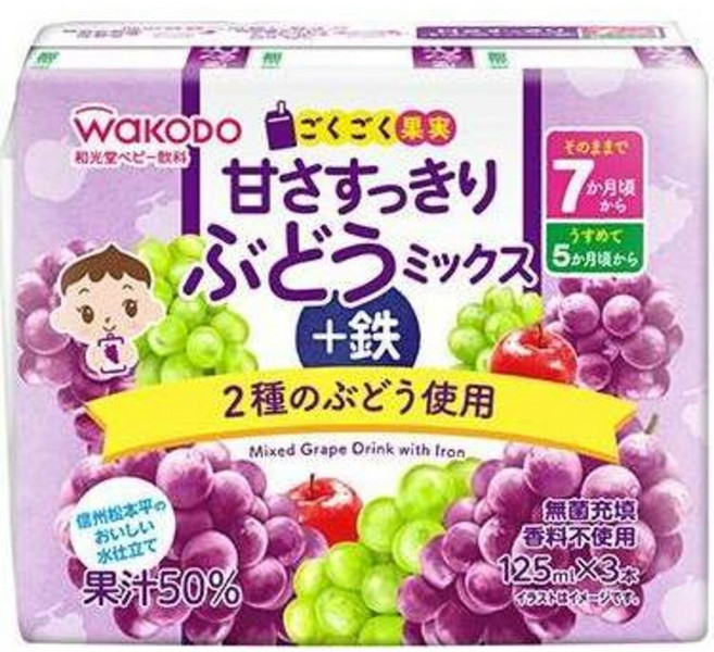 WAKODO和光堂 初兒童乳酸菌飲品 1歲+ 100ml x 3瓶, 1個, 和光堂嬰兒葡萄汁添加鐵125ml*3瓶