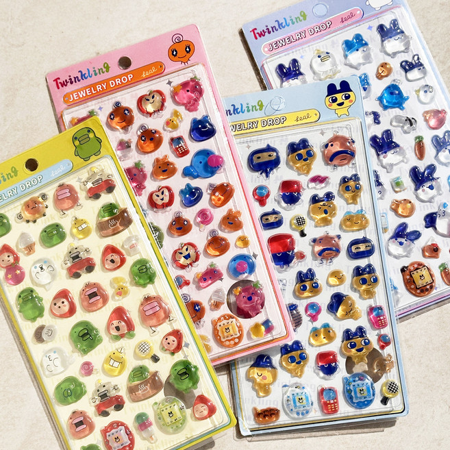 봉봉 입체 3d 물방울 쿠치파치 마메치 미미치 플라워치 투명 반짝이 다꾸 폰꾸 폰꾸미기 스티커 (데이데이), 1개, 3.블루&옐로우(마메치)